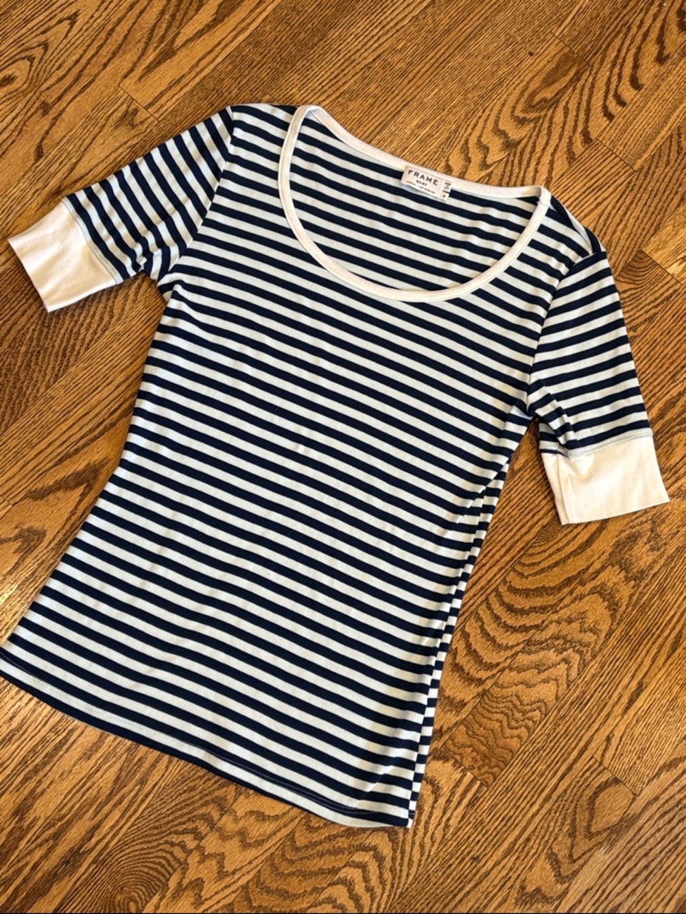 Frame Denim Navy and Light Blue Striped Short Sleeve Scoop Neck Tee